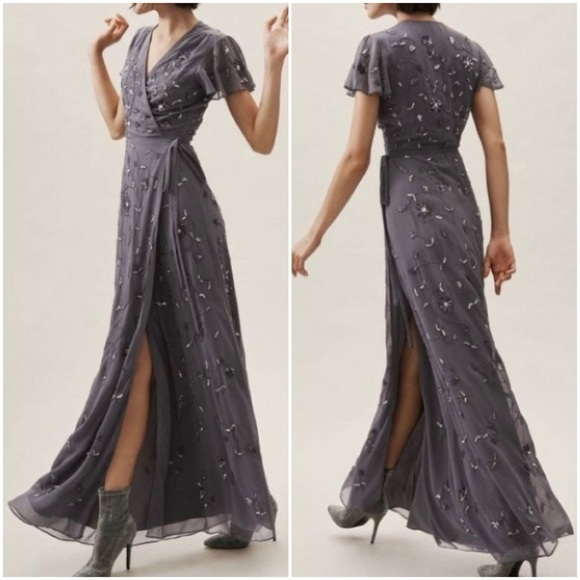 BHLDN Anthropologie Plymouth Beaded Wrap Dress in Hydrangea